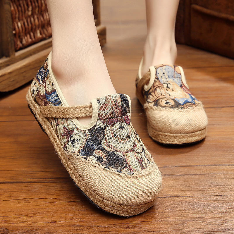 Fashion Women Canvas Shoes National Style Embroider Cartoon Flat Hemp Shallow Loafers Round Toe Casual Female Fashion Summer Platform