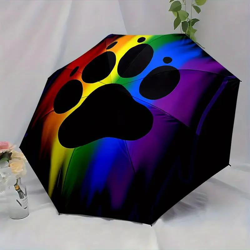 Automatic Open/Close Umbrella with Rainbow Paw Print Design - 8-Rib Windproof Folding Umbrella, Portable Compact Rain Umbrella