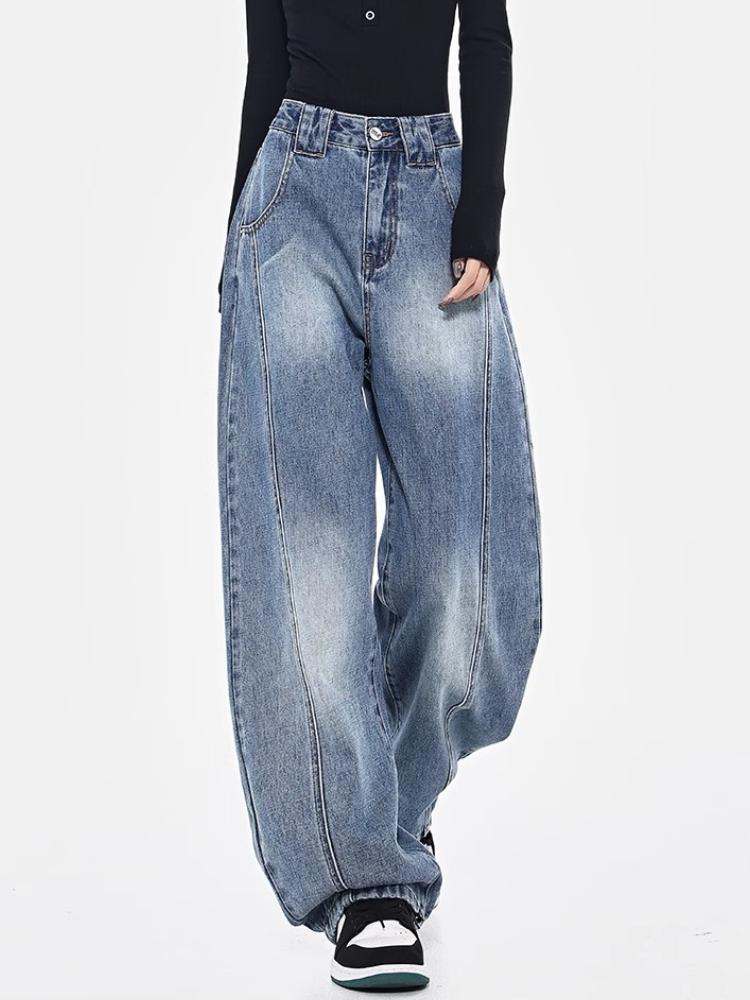 90-е годы Синие джинсы High Street Loose Женские американские винтажные широкие брюки с эффектом потертости Брюки Базовые простые повседневные модные мешковатые брюки