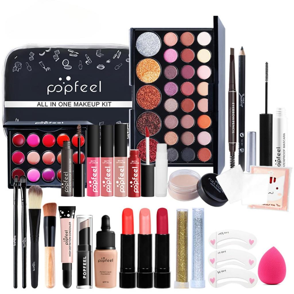 POPFEEL Полный набор косметики для макияжа 27 теней для век, подводка для глаз, хайлайтер, косметический подарочный набор, Штуки, Набор для начинающих, Помада, Помада,