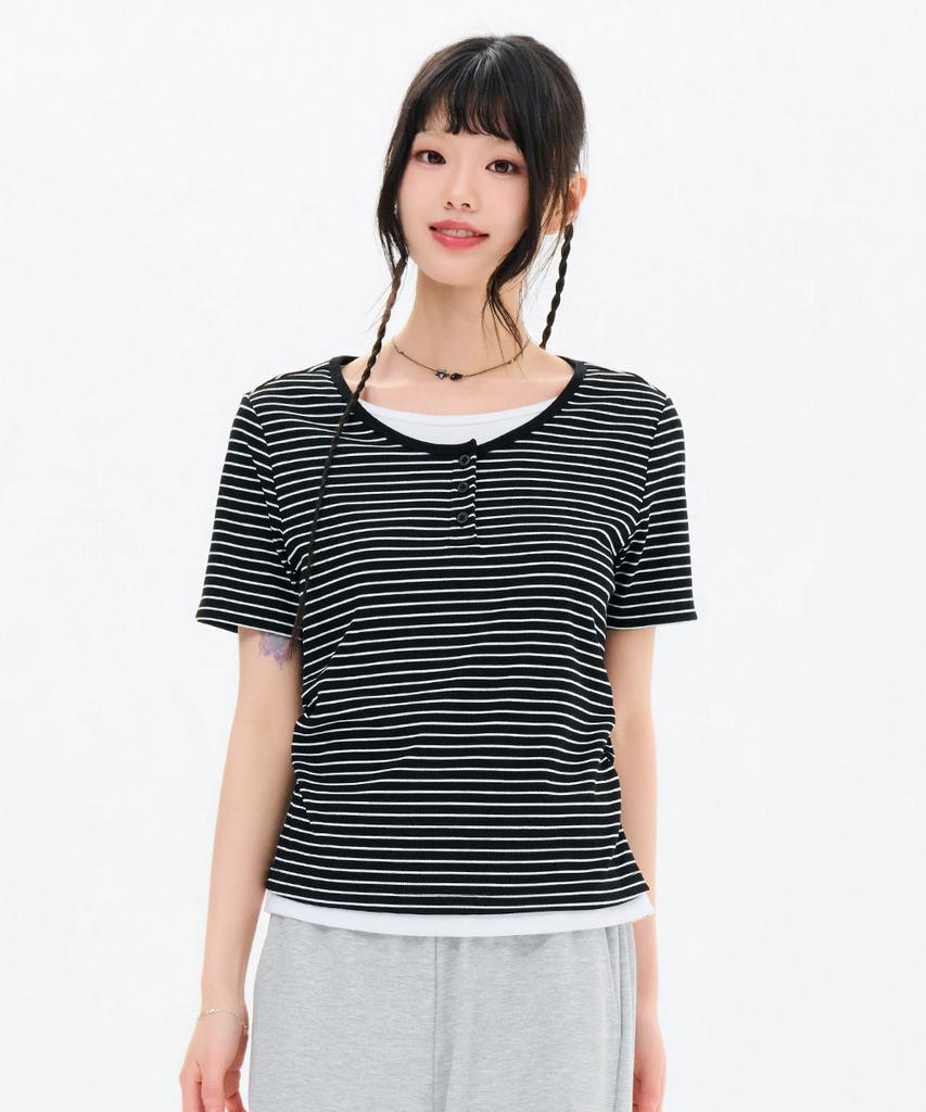 CHASECULT Women'S Striped Layered Short Sleeve T-Shirt-Fbrg5874D03