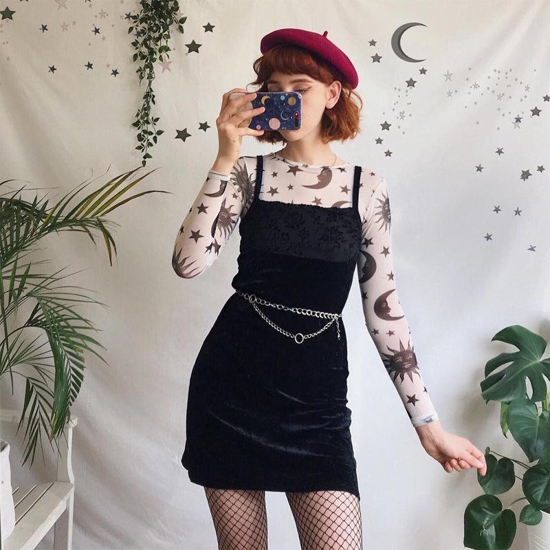 Прозрачная сетчатая сексуальная футболка с принтом Солнца и Луны, женская тонкая базовая повседневная футболка с круглым вырезом и длинным рукавом, новинка весны 2023 г.