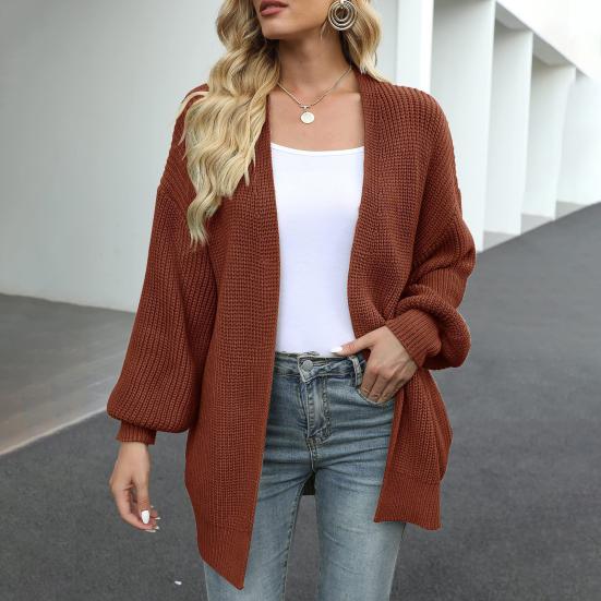 Женский свитер-пальто без воротника-фонарика с длинным рукавом и открытым передом, вязаное пальто однотонного цвета, свободный крой