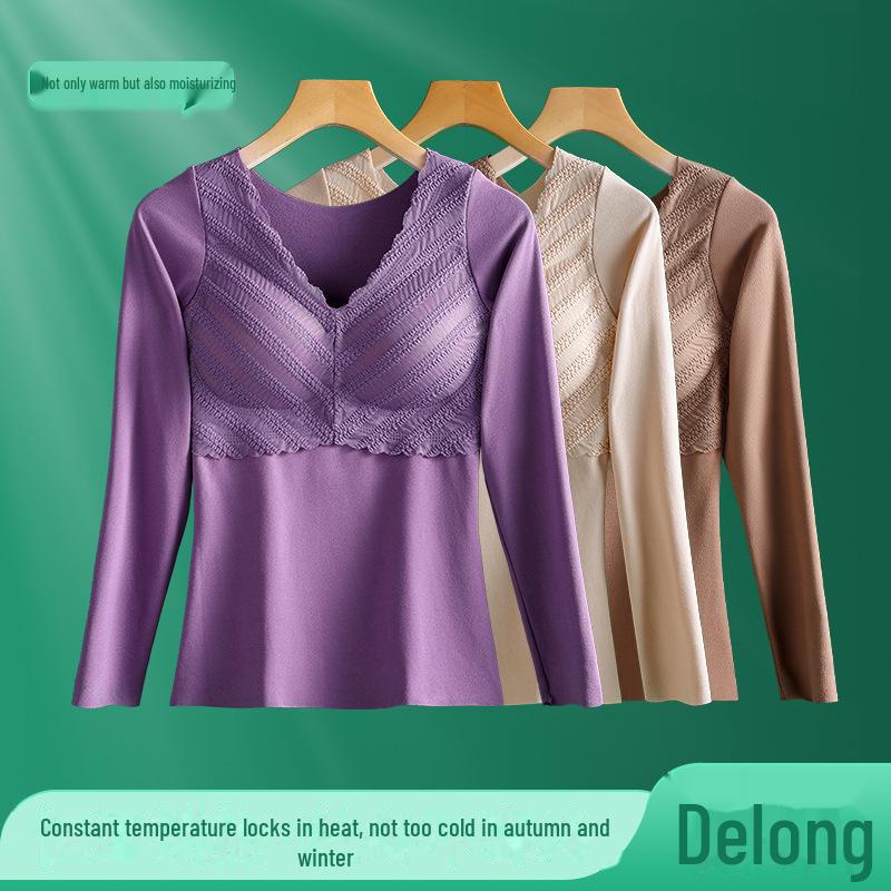 Женское термобелье из немецкого бархата: Плотный кружевной топ с V-образным вырезом и нагрудными накладками, длинные рукава, бесшовный, теплый.