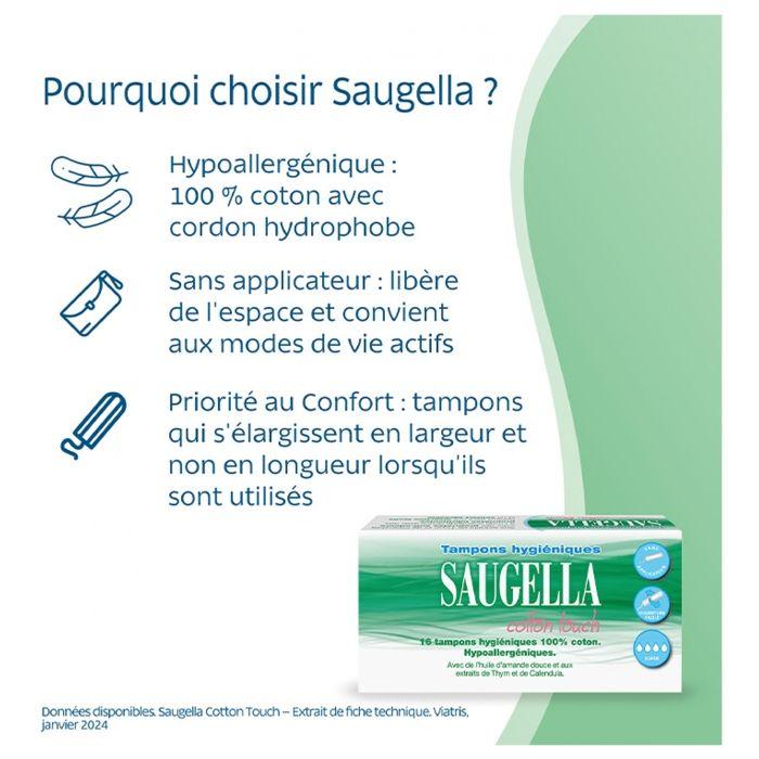 Tampons hygiéniques - SAUGELLA - Cotton Touch Super - Hypoallergénique - 16 unités - Sans applicateur