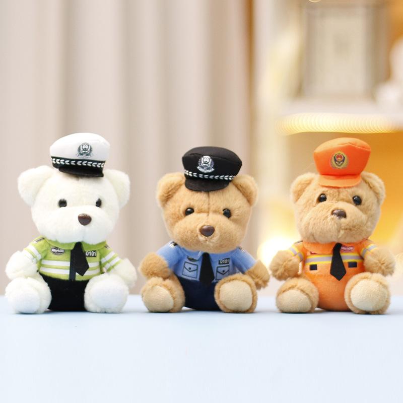 Cute Bear Toy Keychain Traffic Police Themed Bear Plush Toy Stuffed Doll Soft Plush Pendant Charm For Car Backpack Decor Gift