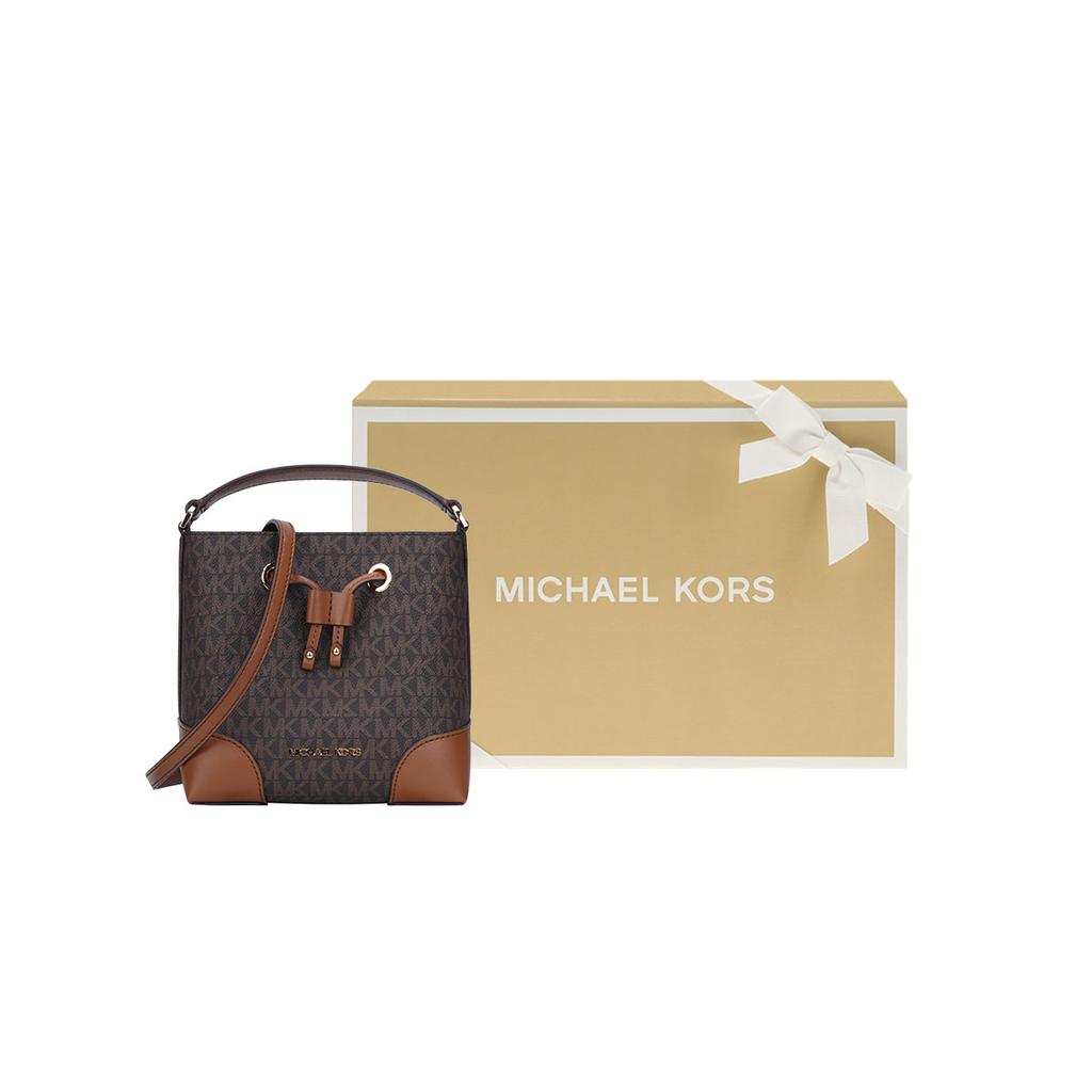 New MICHAEL KORS Mercer Coated Canvas Bucket Bags Shoulder Bag Crossbody Bag Small Size Women's Dark Brown & Light Brown 35F2GM9M1B-BROWN
