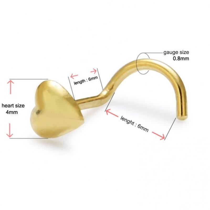 KODY PIERCING Пирсинг из цельного золота 14 карат с носовым винтом в виде сердечка - качественный пирсинг