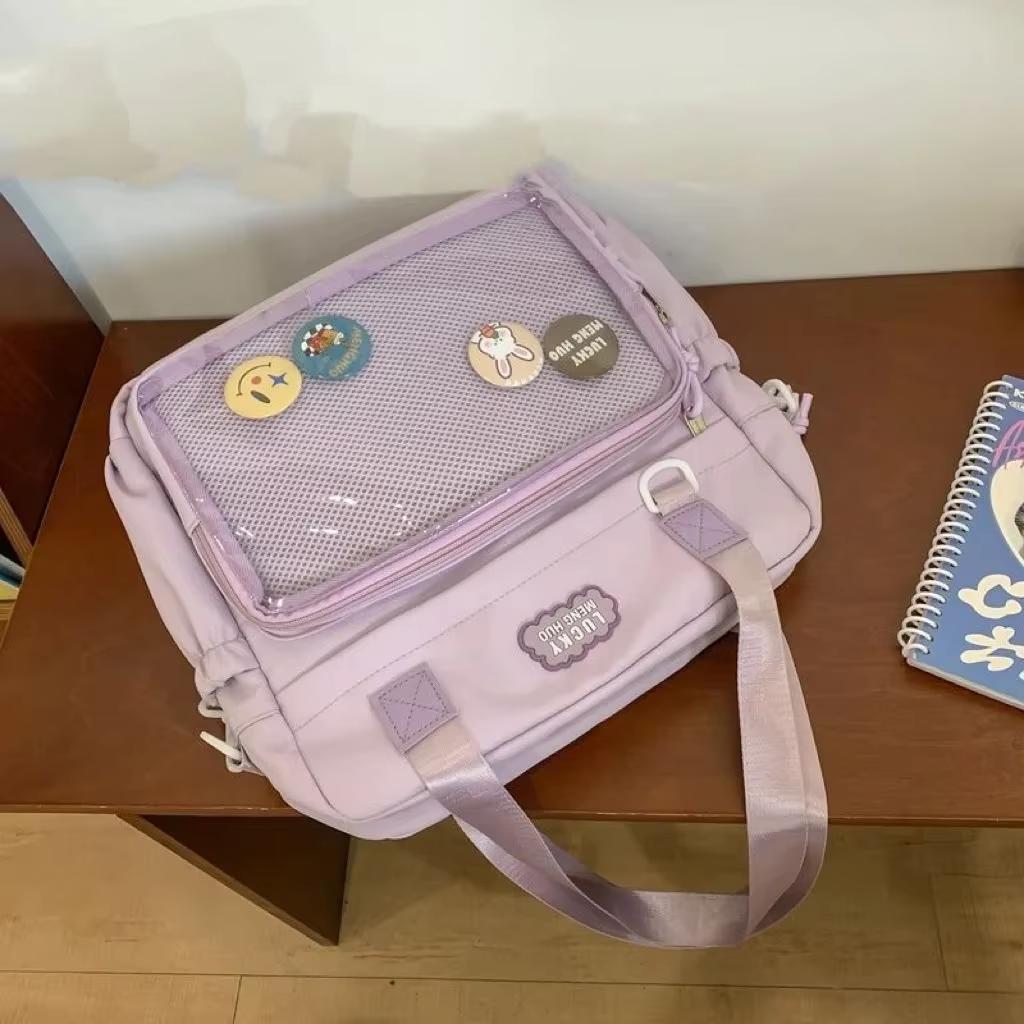 Y2K Women Ita Backpacks Fashion DIY Badge Knapsack Cute Girl Transparent Pocket Casual Nylon Large Capacity Shoulder Bag Handbag
