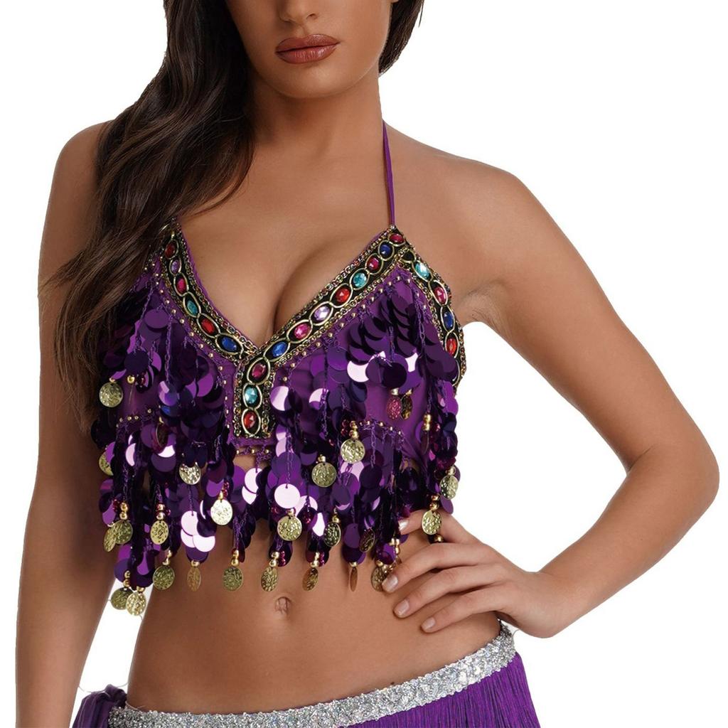 Женский бюстгальтер без бретелек с пайетками для танца живота, сценический топ с пайетками и стразами