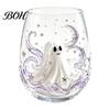 Modern Glass Tumbler Halloween Artisan Glassware, Stemless Drinking Glasses with Raised Pumpkin Ghost Black Cat Web Large Capacity Beverage
