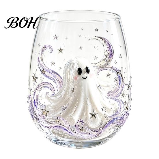 Modern Glass Tumbler Halloween Artisan Glassware, Stemless Drinking Glasses with Raised Pumpkin Ghost Black Cat Web Large Capacity Beverage