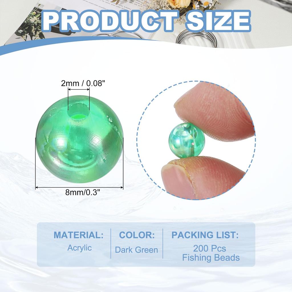 PATIKIL 8mm Fishing Beads, 200pcs Acrylic Holographic Beads, Round Fishing Bait Egg Rig Beads for Fishing Rig Tackle Lure Accessories, Dark Green