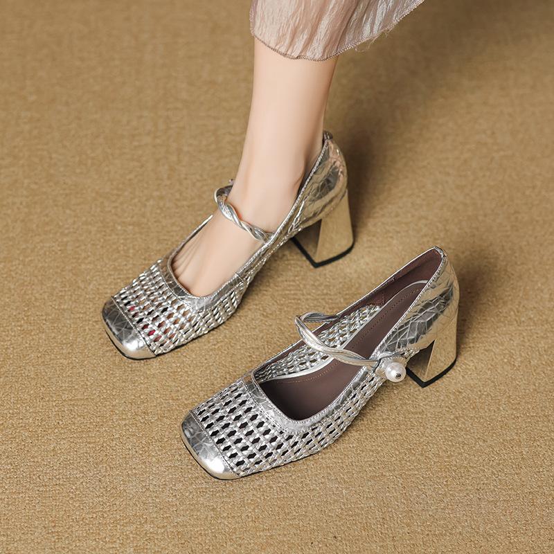 Французские плетеные ажурные туфли-лодочки летние дышащие с квадратным носком на высоком каблуке из ПУ кожи туфли Мэри Джейн Zapatos De Mujer