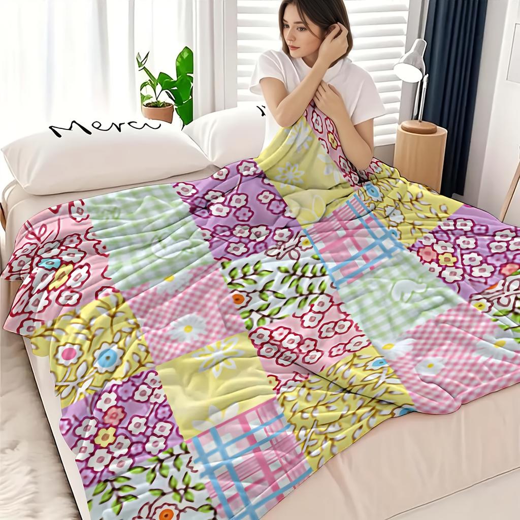 1pc Ins-style Sweet Floral and Plaid Patchwork Print Plush Blanket, Modern Style, Soft and Comfortable Blanket, Digital Printing, Suitable for All Sea