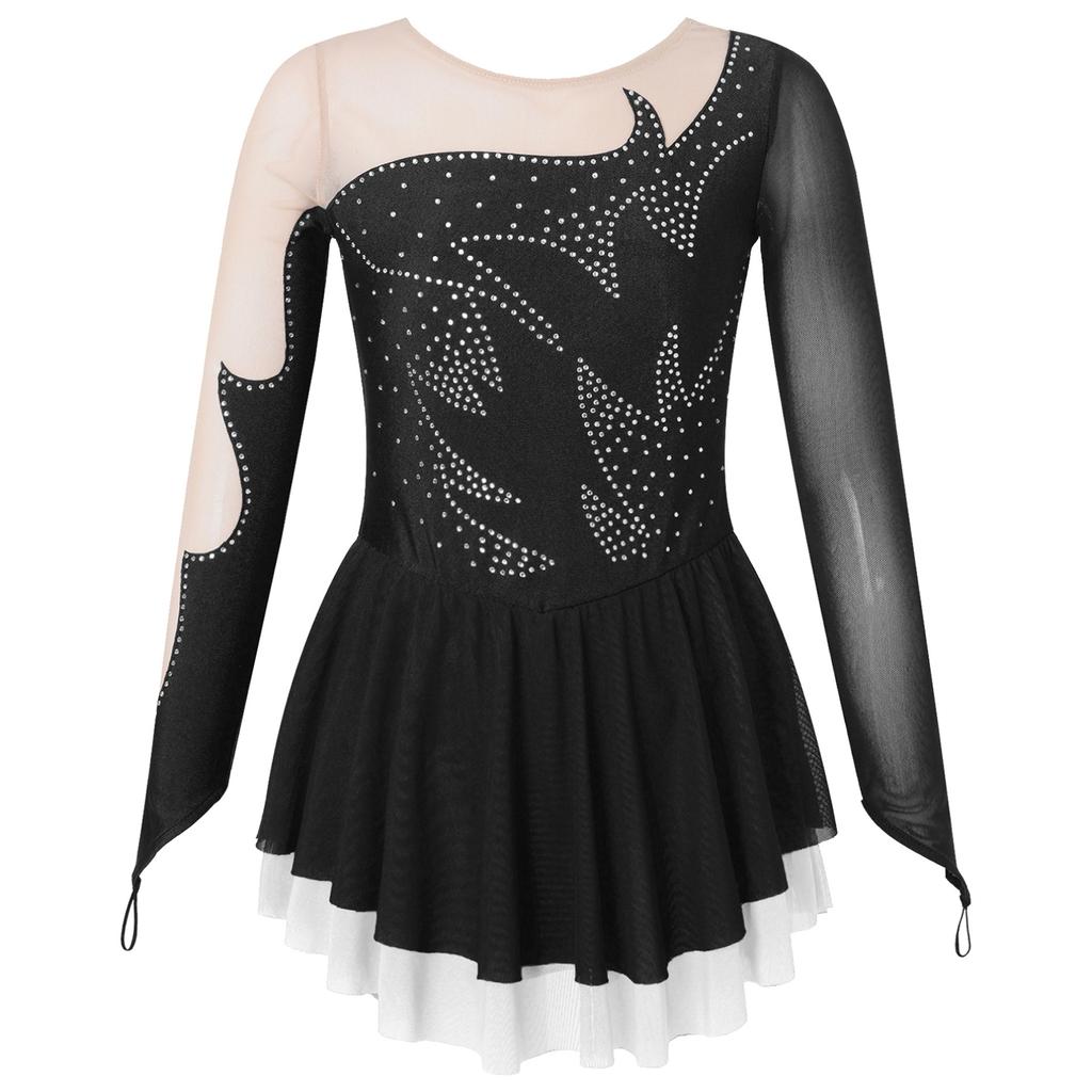 Детское платье с длинными рукавами и стразами для девочек, платье для фигурного катания на коньках, прозрачное сетчатое платье с замочной скважиной на спине, танцевальное трико, одежда для танцев