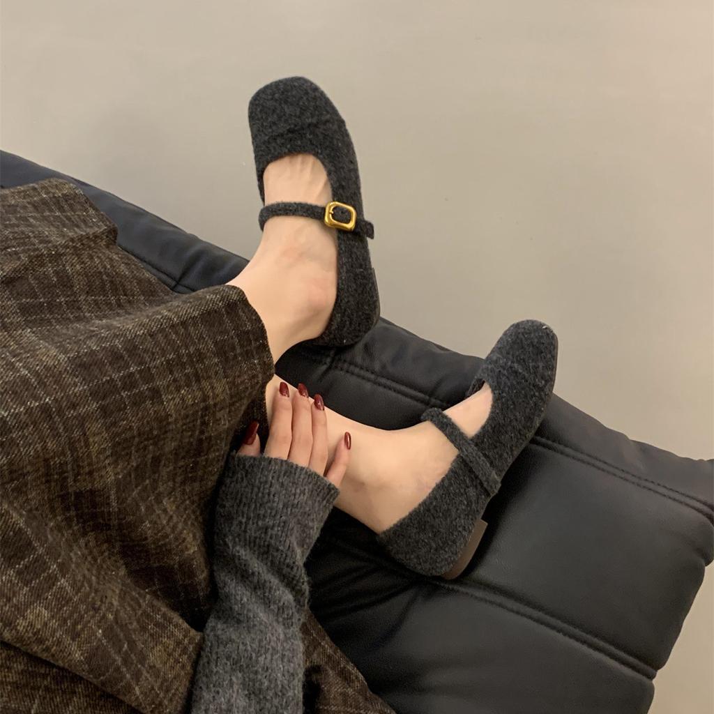 Женская зимняя обувь Мэри Джейн, повседневные нескользящие туфли на плоской подошве с ремешком на щиколотке, офисные туфли на плоской подошве, флисовые туфли Мэри Джейн с квадратным носком для женщин