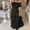 Women's Summer Off Shoulder Ruffle Maxi Dress Short Sleeve High Waist A-Line Dress Flowy Beach Long Dress