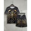 Men's Casual Dark Art Suit: O-Neck Top with Scorpion Design & Elastic Waist Shorts. Trendy Activewear for Daily Lounge
