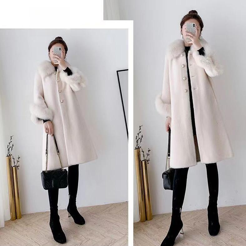 Зимнее длинное бархатное пальто принцессы круглой формы для женщин средней длины с воротником из искусственного меха лисы, свободное искусственное меховое пальто