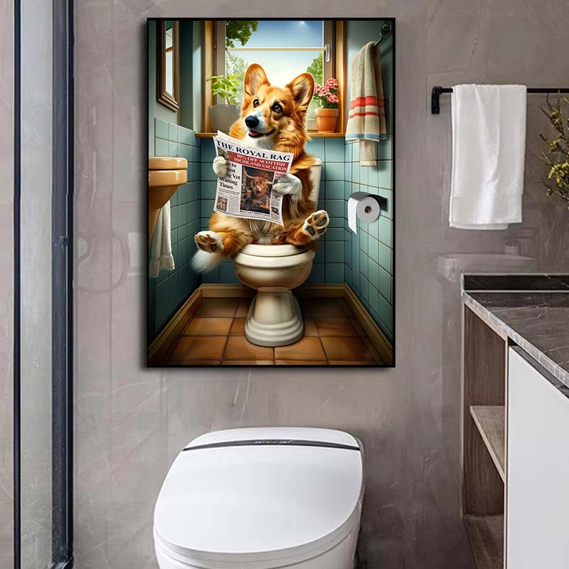 Современный лев, собака, хайленд, сидящая на унитазе и читающая газету, плакат, забавный принт с животными, картина на холсте, декор для ванной комнаты, картина