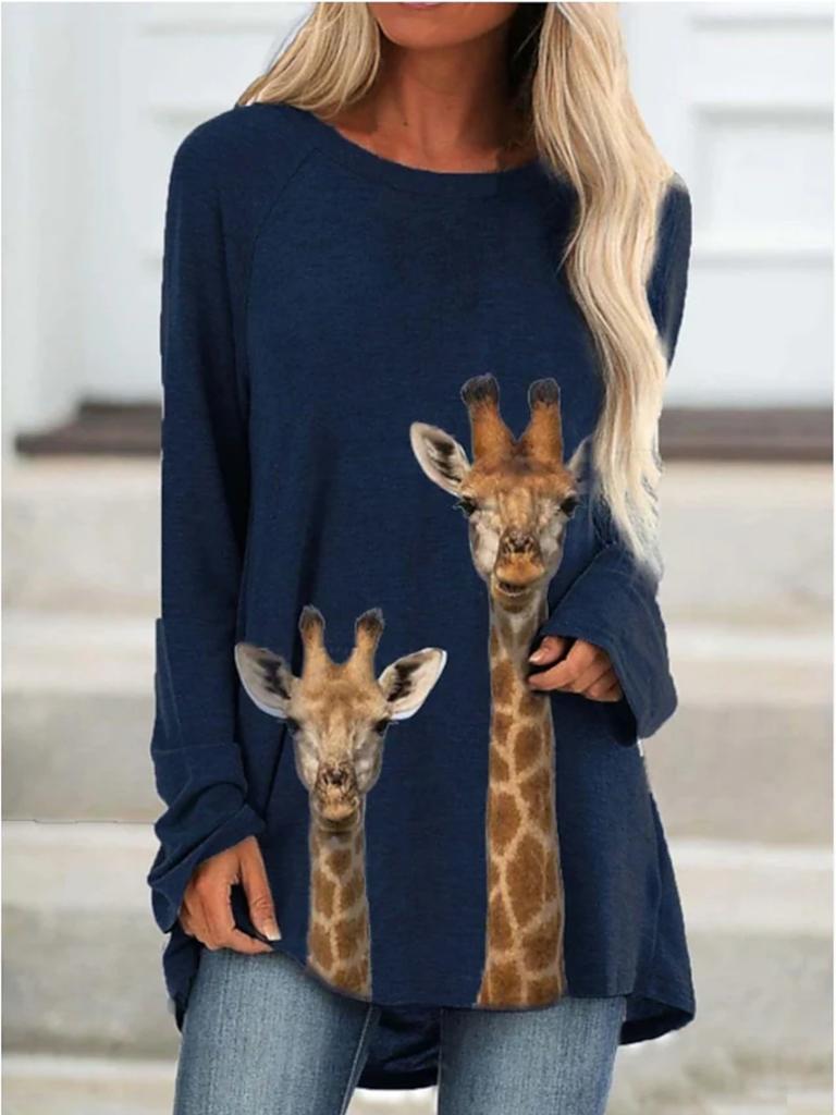 Plus Size Women Spring Giraffe Printed Comfy Long Sleeve Round Collar T-shirt Casual Baggy Mid Length Tee Tops