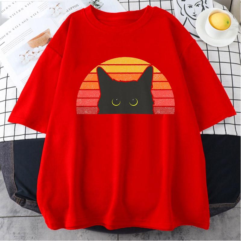 Черный кот Летняя спортивная футболка для бега Винтажная ретро футболка Винтажная футболка владельца кошки Смешная кошачья морда Короткий рукав Футболка на Хэллоуин