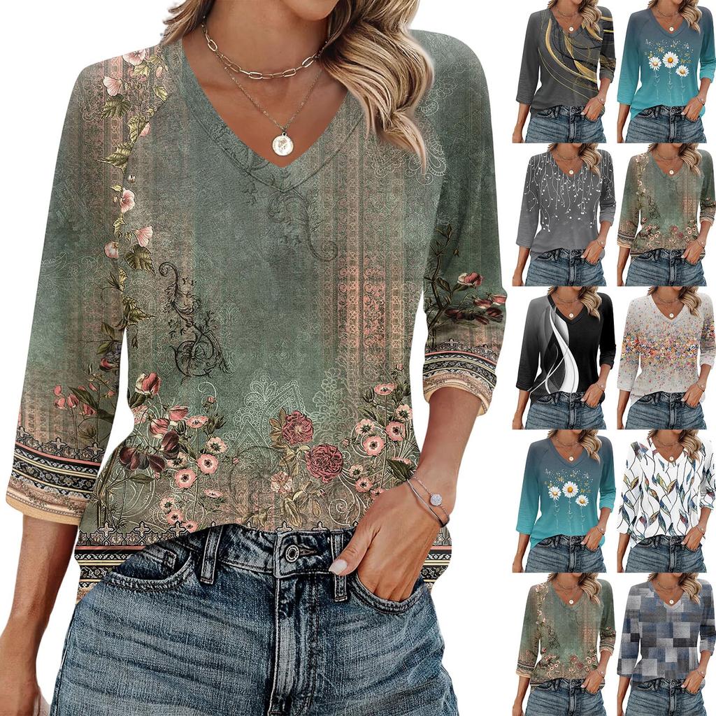 Женские топы с v-образным вырезом и рукавами 3/4, повседневные футболки, базовые летние футболки, свободный крой, осенний пуловер, туника