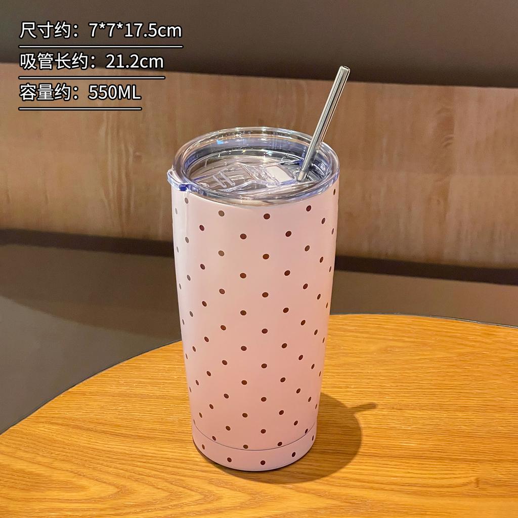 Polka Dot Vacuum Insulated Tumbler 304 Stainless Steel Large Capacity Water Bottle with Straw Couples Cup for Home Daily Use
