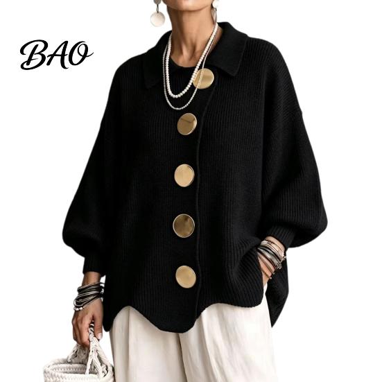 Spring Autumn Sweater Women Oversized Knit Cardigan Sweater, Collared Top with Large Metal Casual Buttons, Loose Lantern Sleeve for Soft Skin Friendly