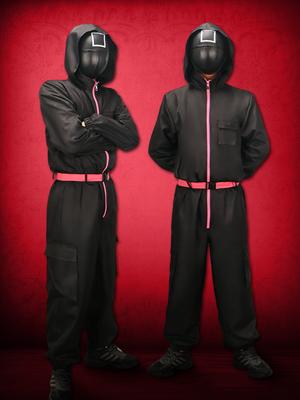 Детский и взрослый Черный Кальмар Игровой Злодей Администратор Командный Лидер Косплей Костюм с Масками Взрослый Хэллоуин Вечеринка Комбинезоны