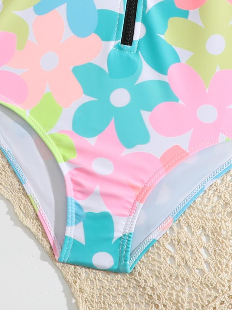 Модный комплект из 3 предметов для девочек, топ с цветочным принтом, однотонный купальник с короткими рукавами, купальный костюм