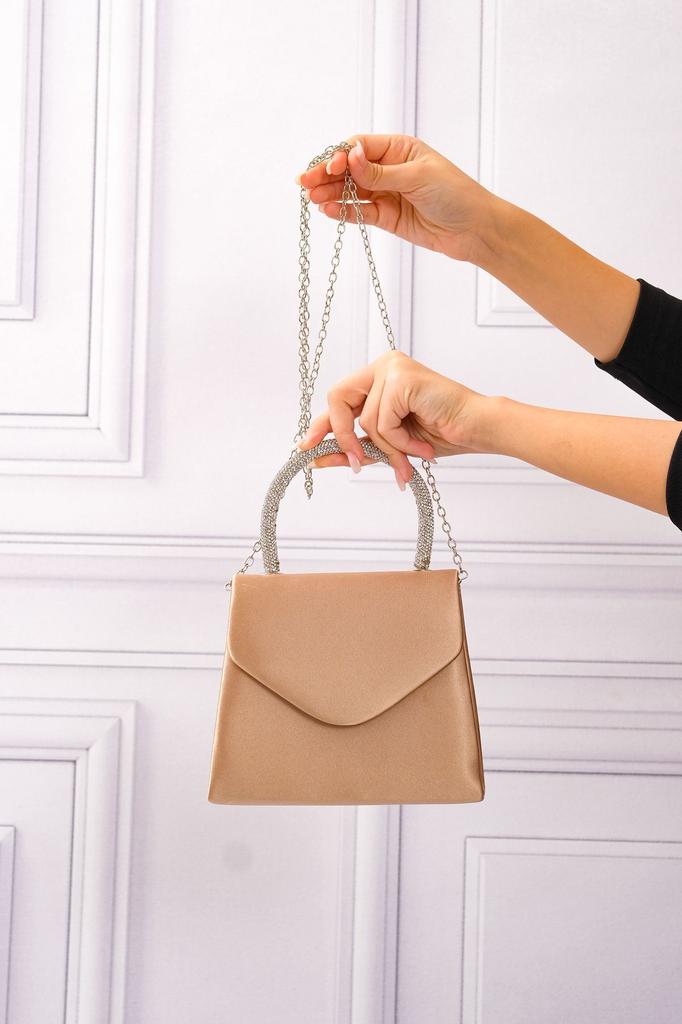 Women's Stylish and Useful Evening Dress Bag Women's Nude Satin Evening Dress Shoulder Bag with Stone Holding Detail