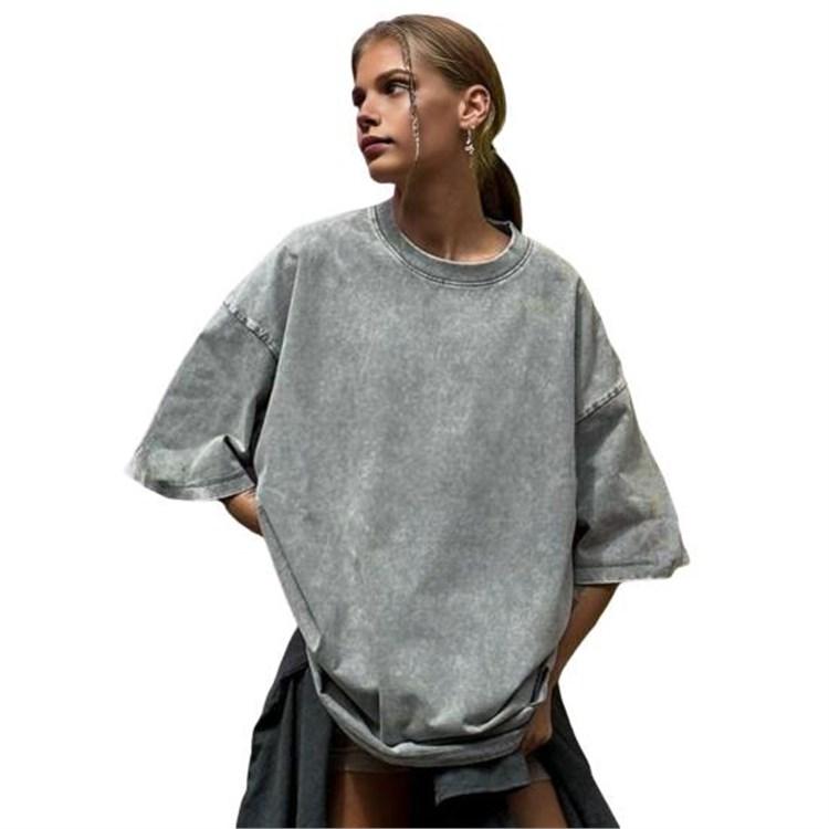 Women Round Neck Short Sleeve Loose Fit Solid Color Washed Distressed Retro Tee Pullover Tops Streetwear