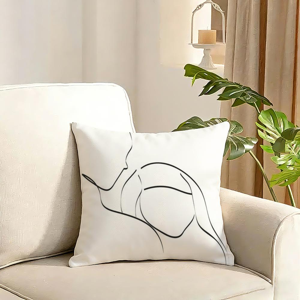 Simple Black White Couple Line Cushion Cover Reversible Plush Pillow Cover Soft Fluffy Home Decor for Sofa Bedroom