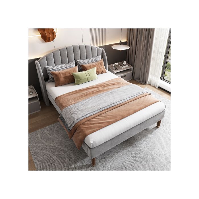 Lit Rembourré, 140*200, Avec Sommier À Lattes Et Tête De Lit, Lit Adolescent, Gris