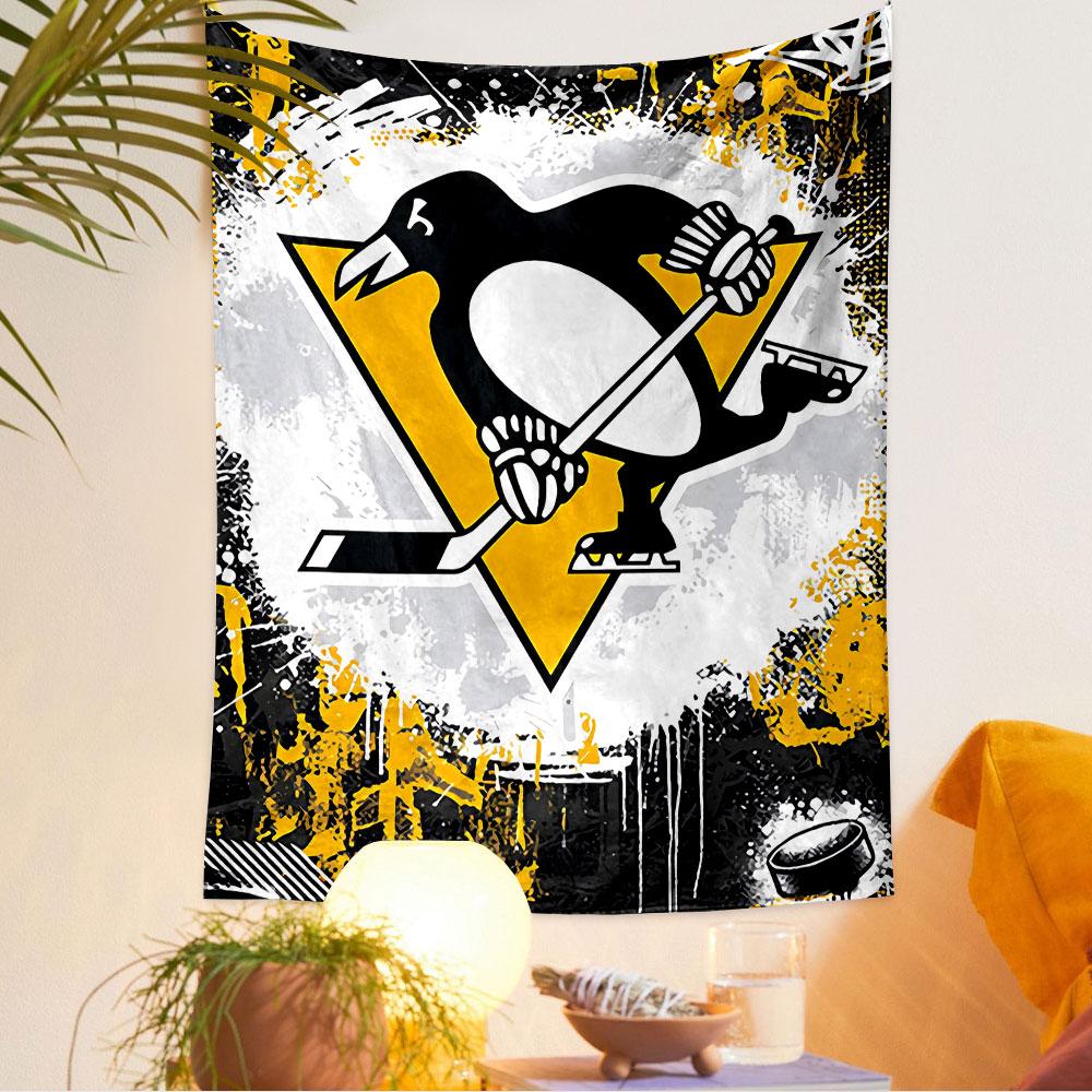 Penguin Hockey Tapestry Wall Hanging, Cute Penguin Stick Graffiti Art, Sports Wall Decor for Bedroom Living Room Dorm