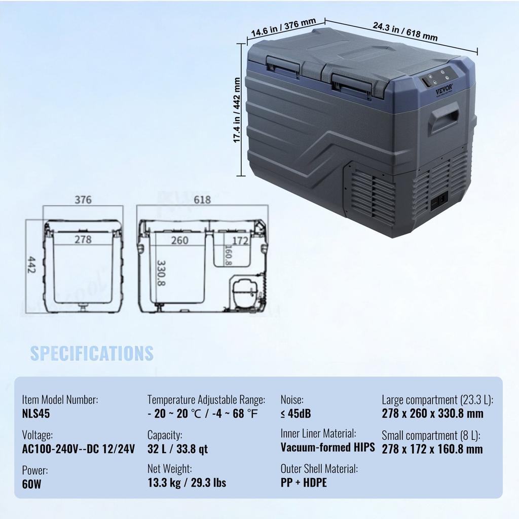 VEVOR Car Refrigerator, 12 Volt Car Refrigerator Fridge, 32 L Dual Zone Portable Freezer, -4 degrees F-68 degrees F Adjustable Range