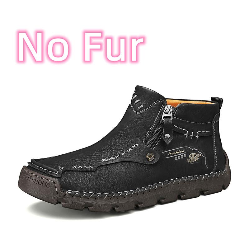 Stylish Men Winter Plush Snow Boots Side Zipper Men Low Top Casual Shoes Leather Male Motorcycle Boots Travel Men's Ankle Boots