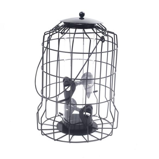 Squirrel Proof Caged Birds Feeder for Outdoor Hanging Metal Cage Seeds Tube Wild Birds Feeder with 4 Ports for Small Birds Goldfinches Chickadees