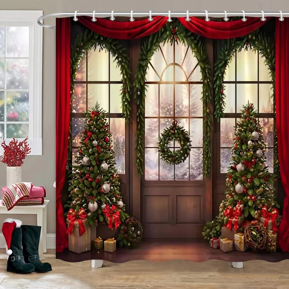 Рождественская вечеринка Занавески для душа Камин Рождественская елка и подарки Снеговик Снежная сцена Моющаяся занавеска для душа Арт Декор для ванной