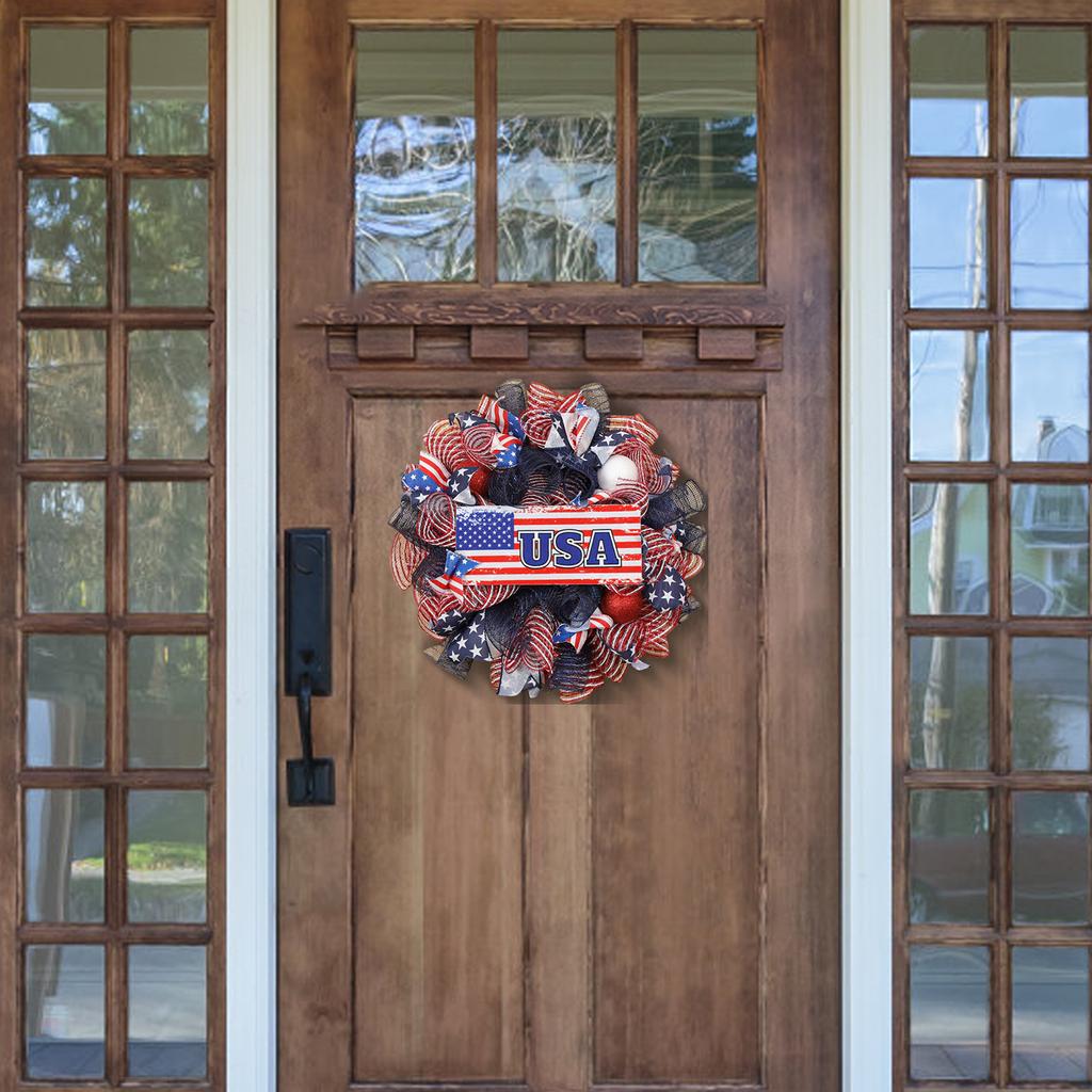 Сетчатый венок с флагом США, декоративный, для подвешивания на входную дверь, с лентой с принтом звезд и бантом, для использования в помещении и на улице