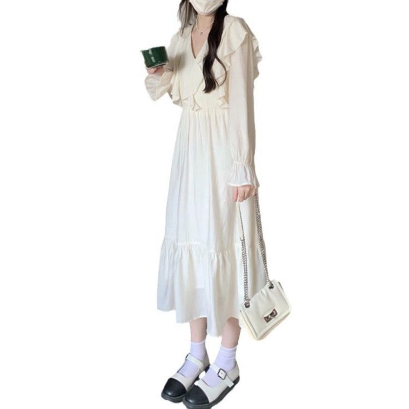 Женское нежное платье с V-образным вырезом, оборками, длинными рукавами, французский темперамент с базовым платьем