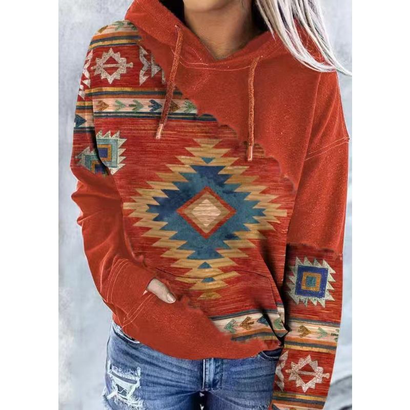 Women Western Ethnic Style Printed Hooded Sweatshirt Fall Winter