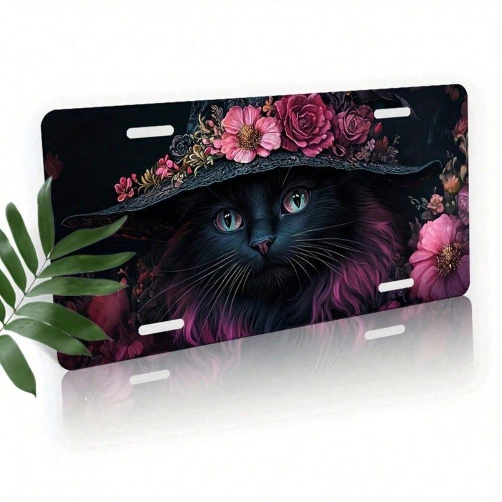 2D Flat Black Cat Flower License Plate Frame, Rustproof Aluminum Car Tag Cover, Universal 5.9x11.8in Elegant