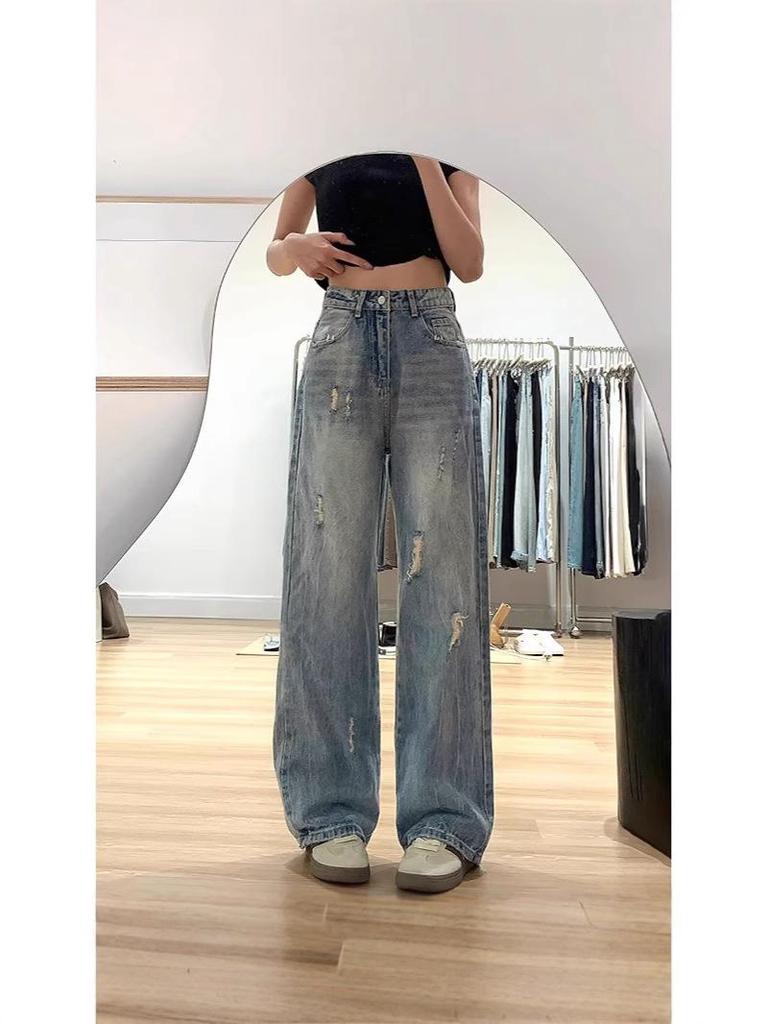 New Style Women's High-Waisted Light Ripped Jeans - Loose, Drapey, Floor-Length Wide-Leg Summer Pants