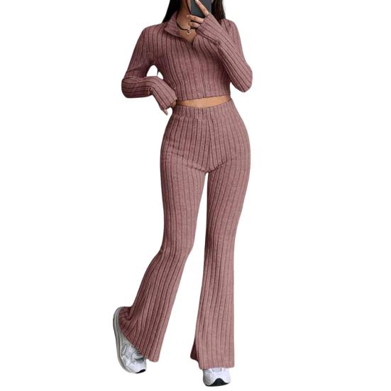 2 Pcs/Set Women Spring Commuting Outfit Top Flared Pants Set Zipper Closure Thread Stand Collar Coat High Waist Sport Tracksuit Elastic Daily Clothes