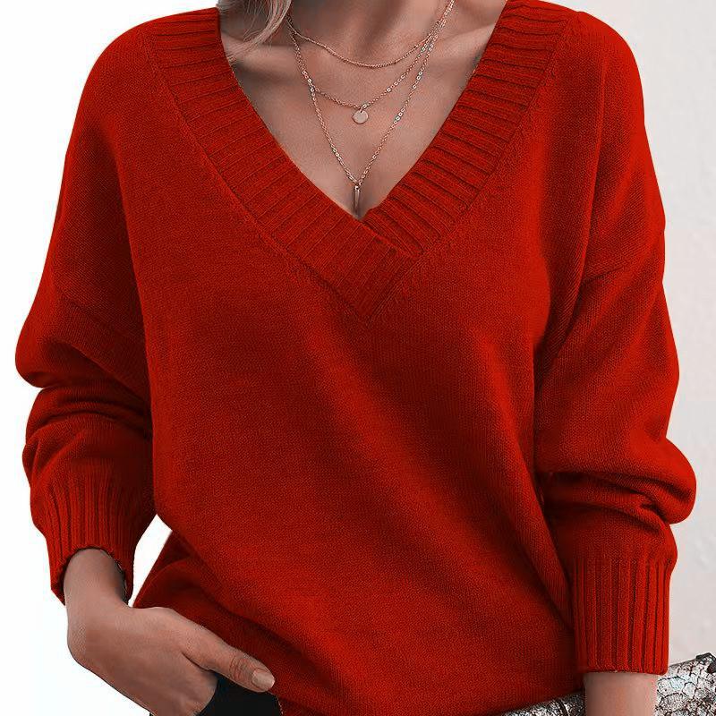 Women's Fashion Casual Solid Color Print Autumn Winter Long Sleeve V-Neck Loose Sweaters