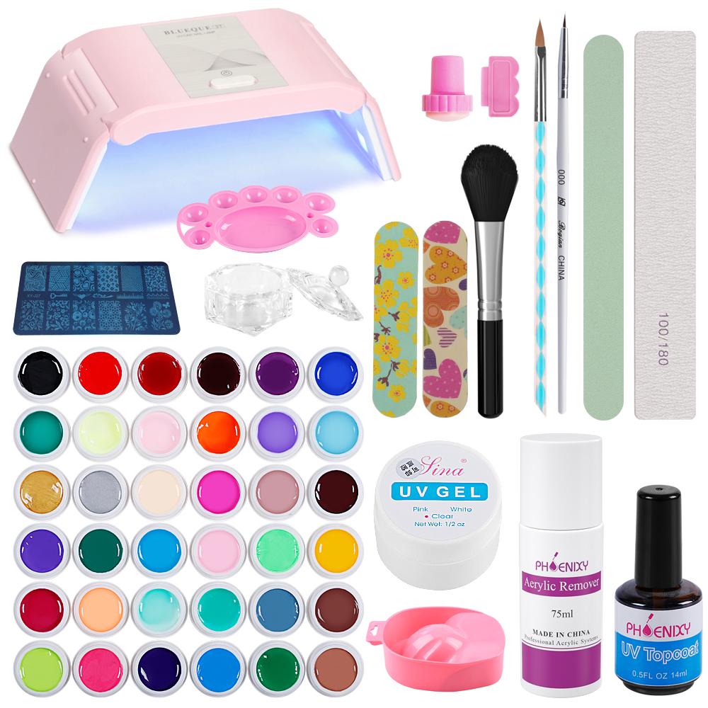 Набор УФ-гелей для ногтей PHOENIXY с УФ-светодиодной лампой, маникюрные инструменты, художественный набор, набор полуперманентных гель-лаков, замачиваемый УФ-лак, полный набор акриловых ногтей