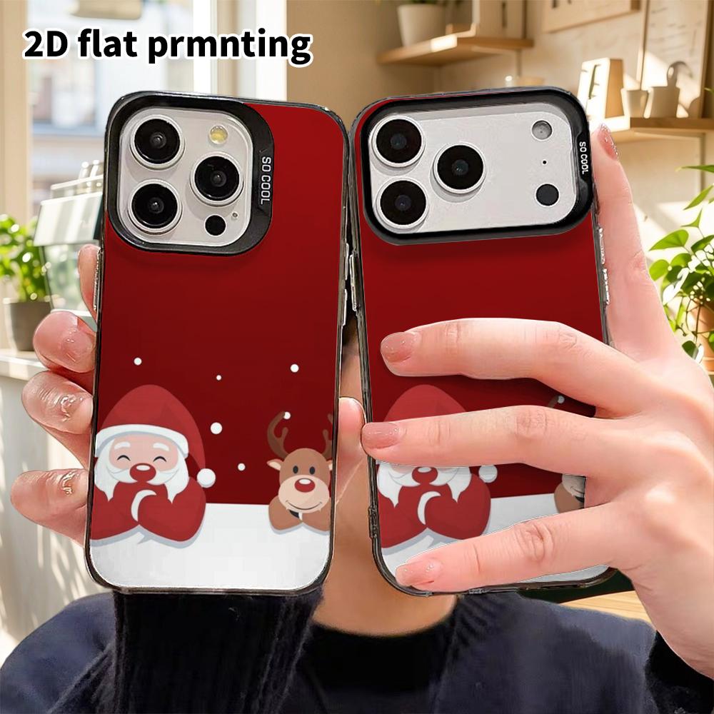 Phone Case: 2D flat design, fits iPhone 13-18 Pro, colorful silver protective case, couple style, Santa and reindeer, Christmas and Halloween gift